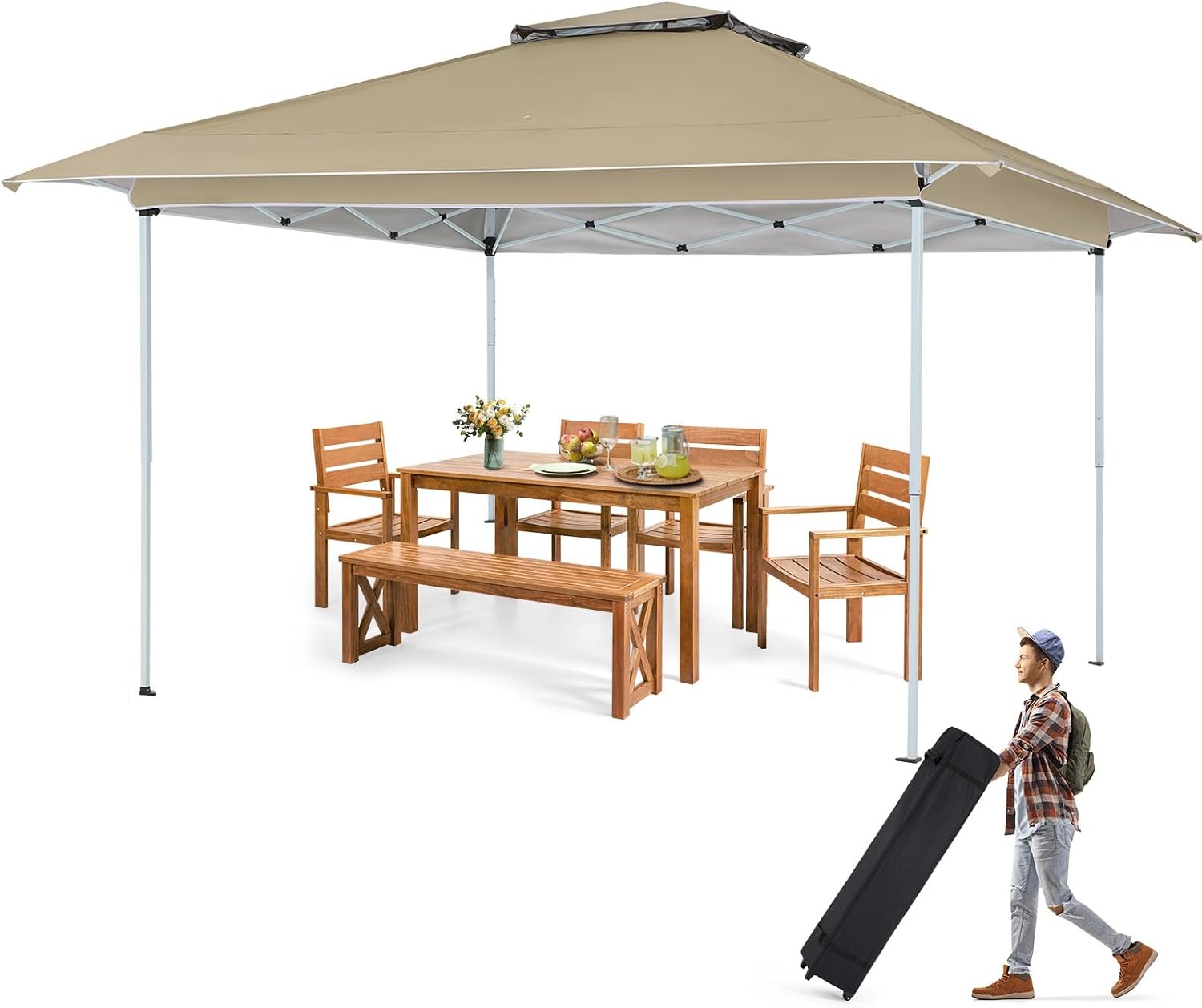 ECOTOUGE 12FT Pop Up Canopy Tent, Instant Shelter Gazebo, Carrying Roller Bag, Waterproof & UV Resistant Party Tent for Patio, Grill and Backyard Furniture, Khaki