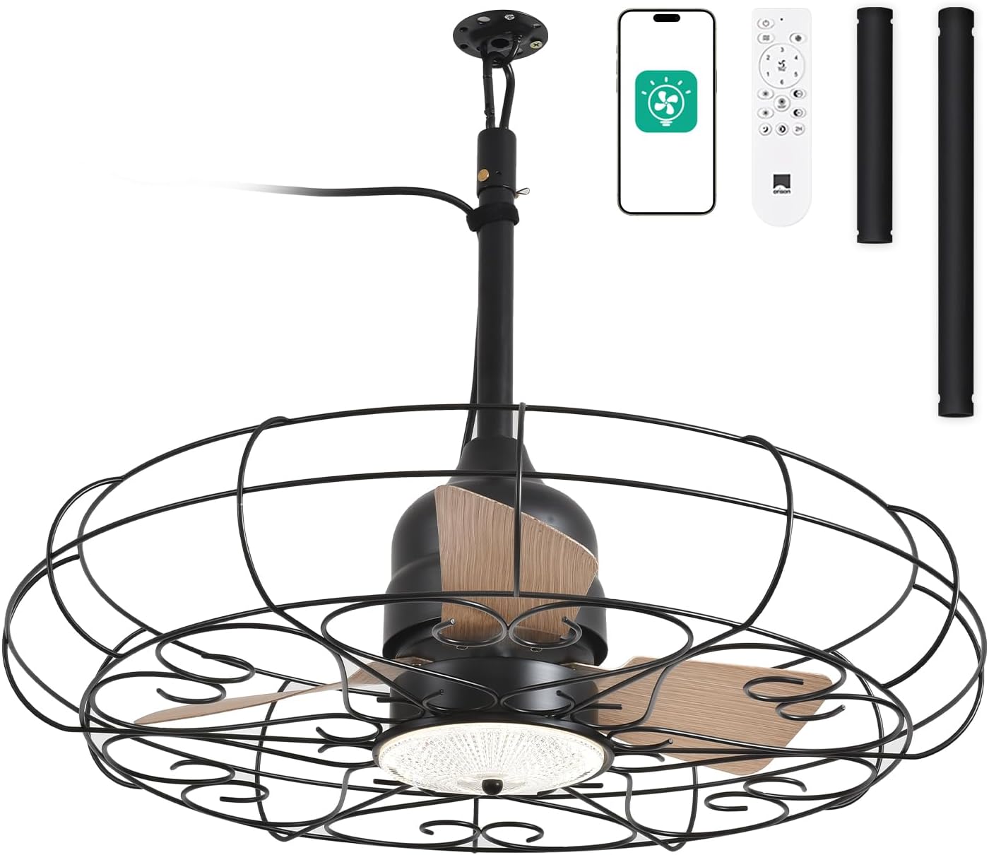 Orison Outdoor Ceiling Fans with Light, 28'' Wet Rated Outdoor Hanging Fan for Gazebo, Plug in Caged Lighting for Pergola Canopy, Hanging with Hook, 3 Color LED Light, Waterproof (28IN)