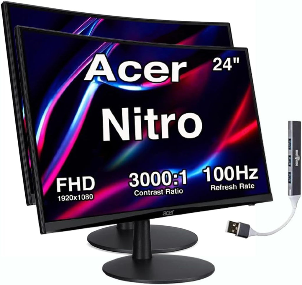 Acer Nitro 24' Curved Gaming Monitor, FreeSync 100 Hz FHD 1500R Curve ZeroFrame Design with 1ms Response Time, VESA Mount (100mm), VGA, HDMI & Dockztorm USB Hub, Black (2025 Latest Model) 2 Pack