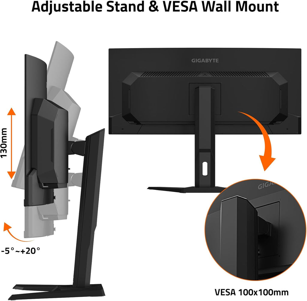 GIGABYTE MO34WQC - 34' QD-OLED Curved Gaming Monitor - WQHD 3440x1440 - Curved - 175Hz - 0.03ms GTG - AMD FreeSync Premium Pro - Type C KVM - HDMI, DP, Type C - Height Adjustable - Black (MO34WQC SA)