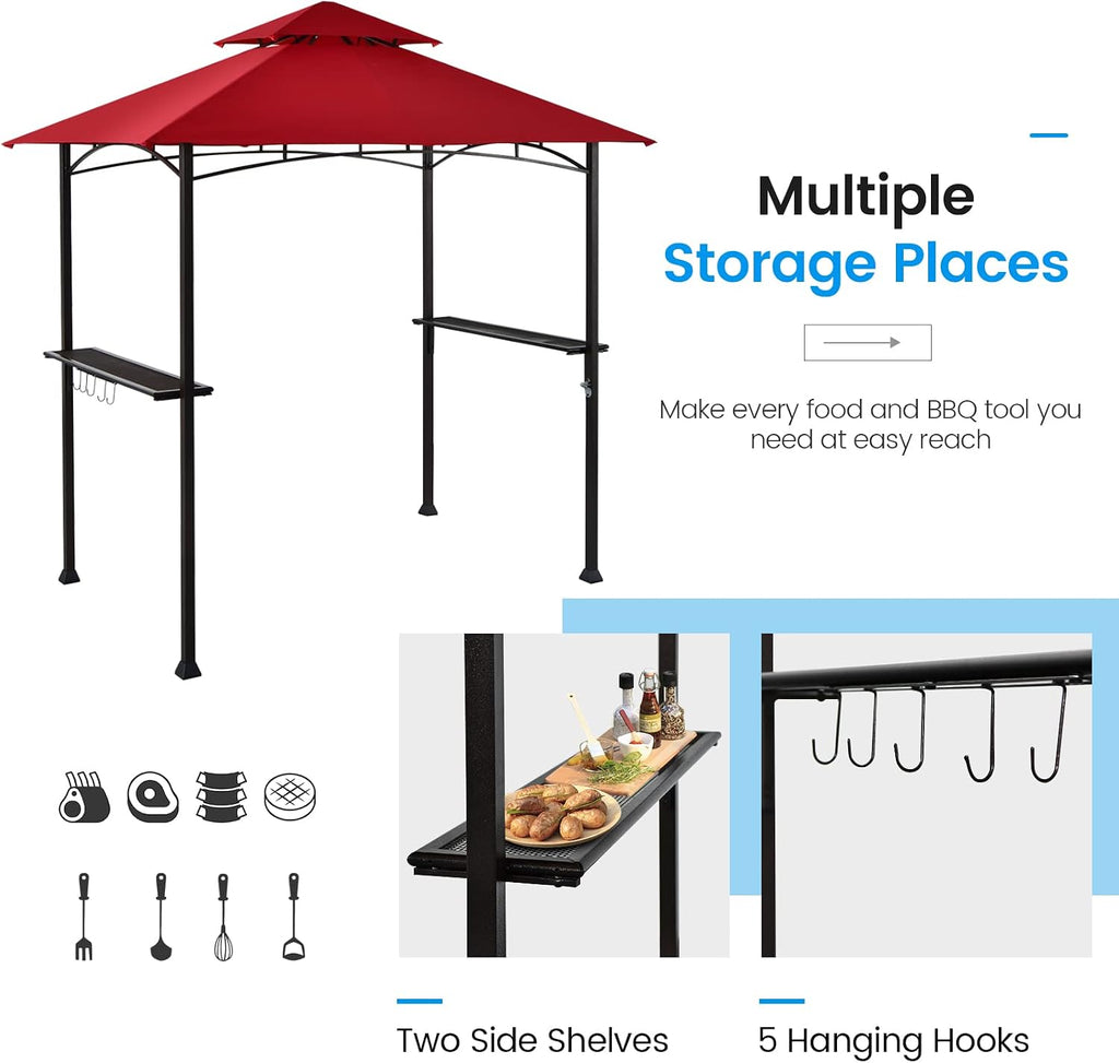 Giantex Grill Gazebo, 8ft x 5ft Grill Station with Canopy, Heavy Duty Steel Frame, 2 Side Shelves, 5 Hooks, 8 Ground Stakes, Outdoor Grill Shelter Barbecue Tent for Backyard Patio Camping (Burgundy)