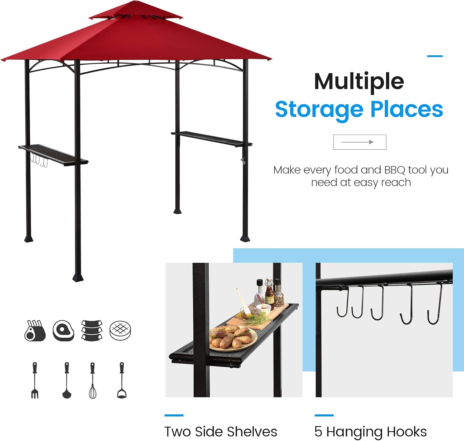 Giantex Grill Gazebo, 8ft x 5ft Grill Station with Canopy, Heavy Duty Steel Frame, 2 Side Shelves, 5 Hooks, 8 Ground Stakes, Outdoor Grill Shelter Barbecue Tent for Backyard Patio Camping (Burgundy)