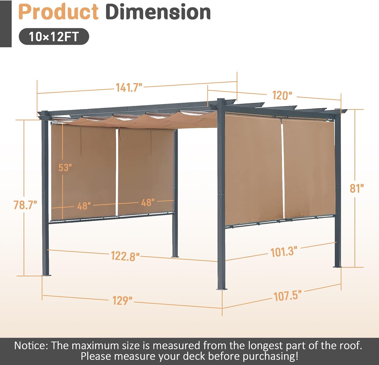 10 x 12 Ft Outdoor Aluminum Pergola, Retractable Canopy & 2 Sides Shades for Patio Backyard Garden Deck