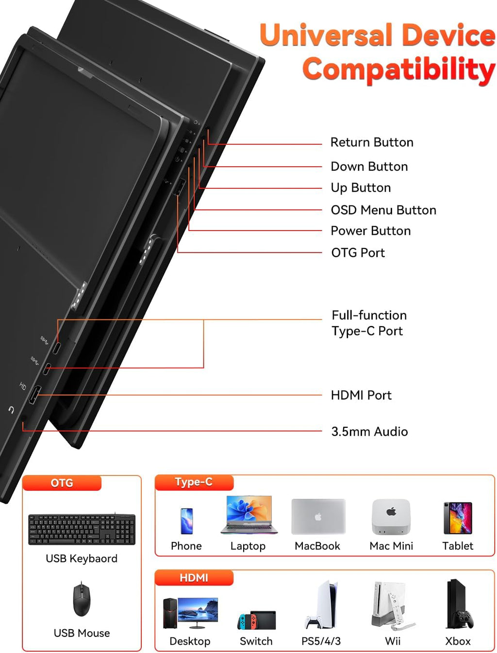 HotYeah Portable Monitor, 18.5' 1080P 100Hz 125% sRGB Laptop Monitor USB-C HDMI External Computer Display HDR FreeSync w/Kickstand & Speaker, 2nd Screen for Laptop PC Mac Phone Tablet Switch PS5 Xbox