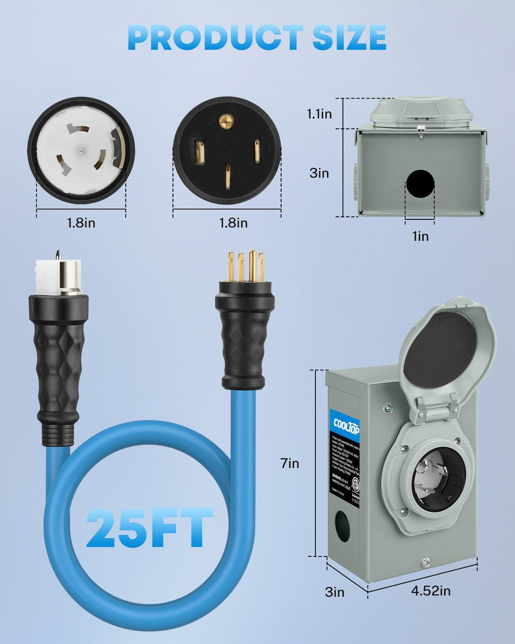 COOLTOP 50 Amp Generator Cord and Power Inlet Box Kit, 25FT Extension Cable STW 6/3+8/1 AWG Generator Cord 125/250V NEMA 14-50P to SS2-50R Pre-Drilled Inlet Box Waterproof Combo Kit, ETL Listed