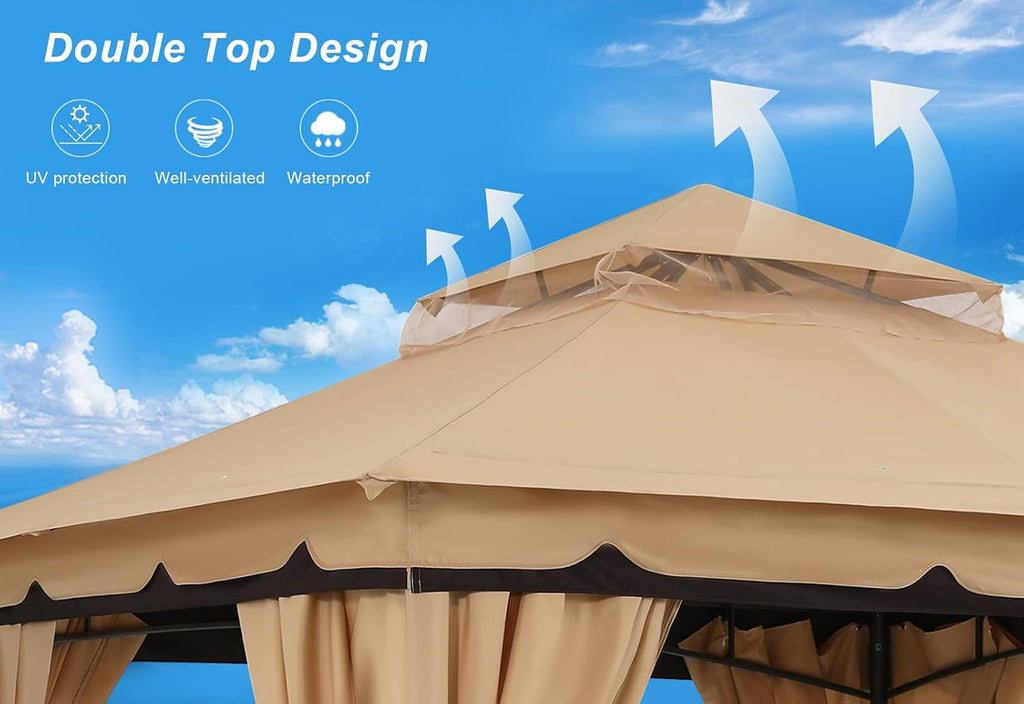 ABCCANOPY 8'x8' Outdoor Gazebo, Double Roof Patio Gazebo with Shade Curtains, Beige