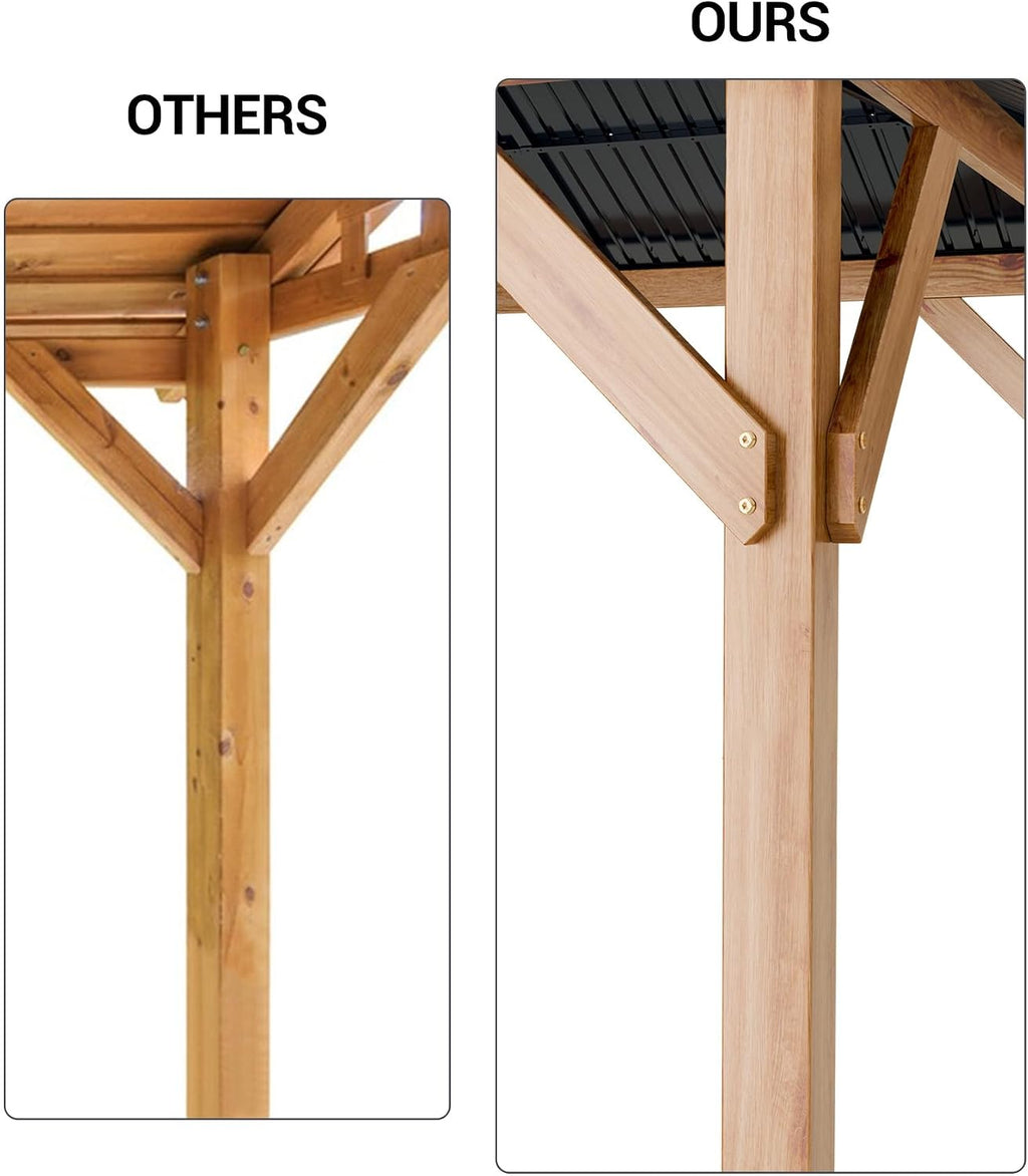 GarveeLife Hardtop Wood Gazebo 10 ft x10 ft for All Weather, with Double Metal Roof, Heavy Duty Wooden Frame, Net, and Curtain, Permanent Building for Patio, Deck, Backyard, Lawn, and Garden