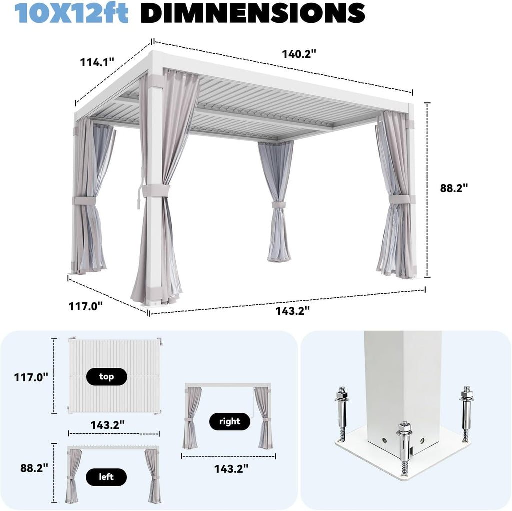 MELLCOM Louvered Pergola 10x12, Steel Aluminum Pergola with Adjustable Louvered Roofs, Outdoor Gazebo with Waterproof Curtains and Nets, White