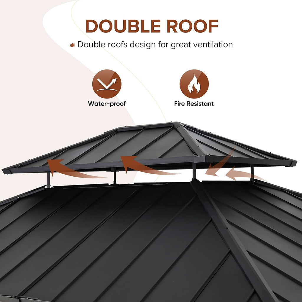 EAGLE PEAK 11x13 Hardtop Gazebo, Glavanized Steel Double Roof with Cedar Wood Frame, Outdoor Pavilion for Patio, Deck, Lawn and Garden, Natural Wood/Black