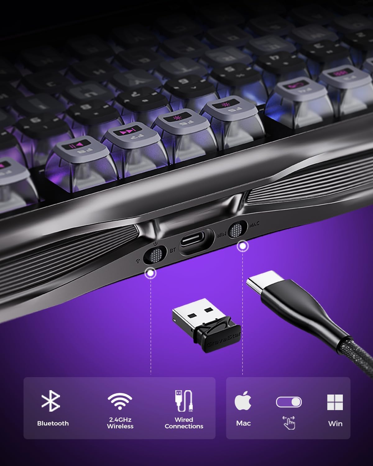 GravaStar Mercury K1 Pro Wireless Mechanical Gaming Keyboard, 75% Layout RGB Custom Keyboard, Electroplated Glossy Frame, Hot-Swappable Linear Switches – Cyberpunk Edition