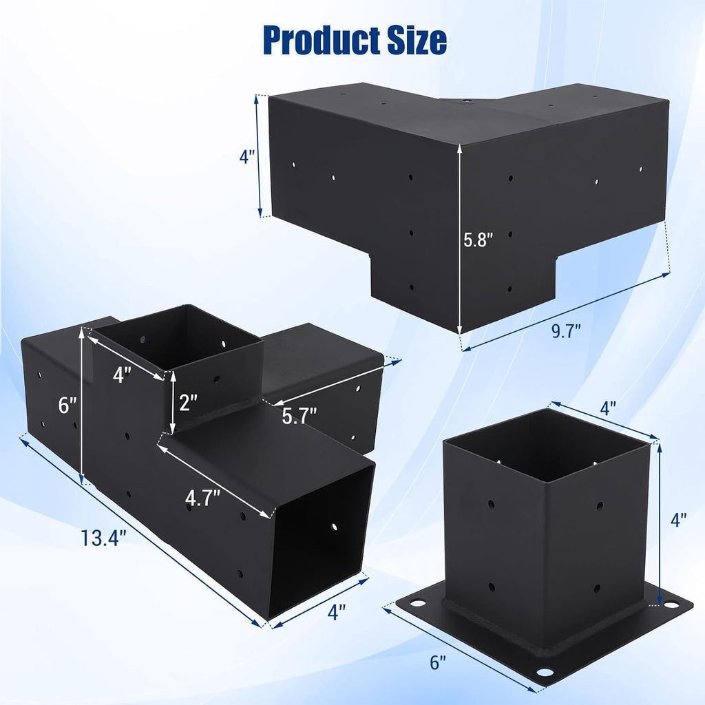 Pergola Brackets 4' x 4', 4 Pack 3-Way Angle Corner Brackets with 6 Pack Post Pergola Brackets, 2 Pack 4-Way Pergola Brackets, Powder Coated Pergola Hardware for Lumber Pergola Gazebo Sunroom