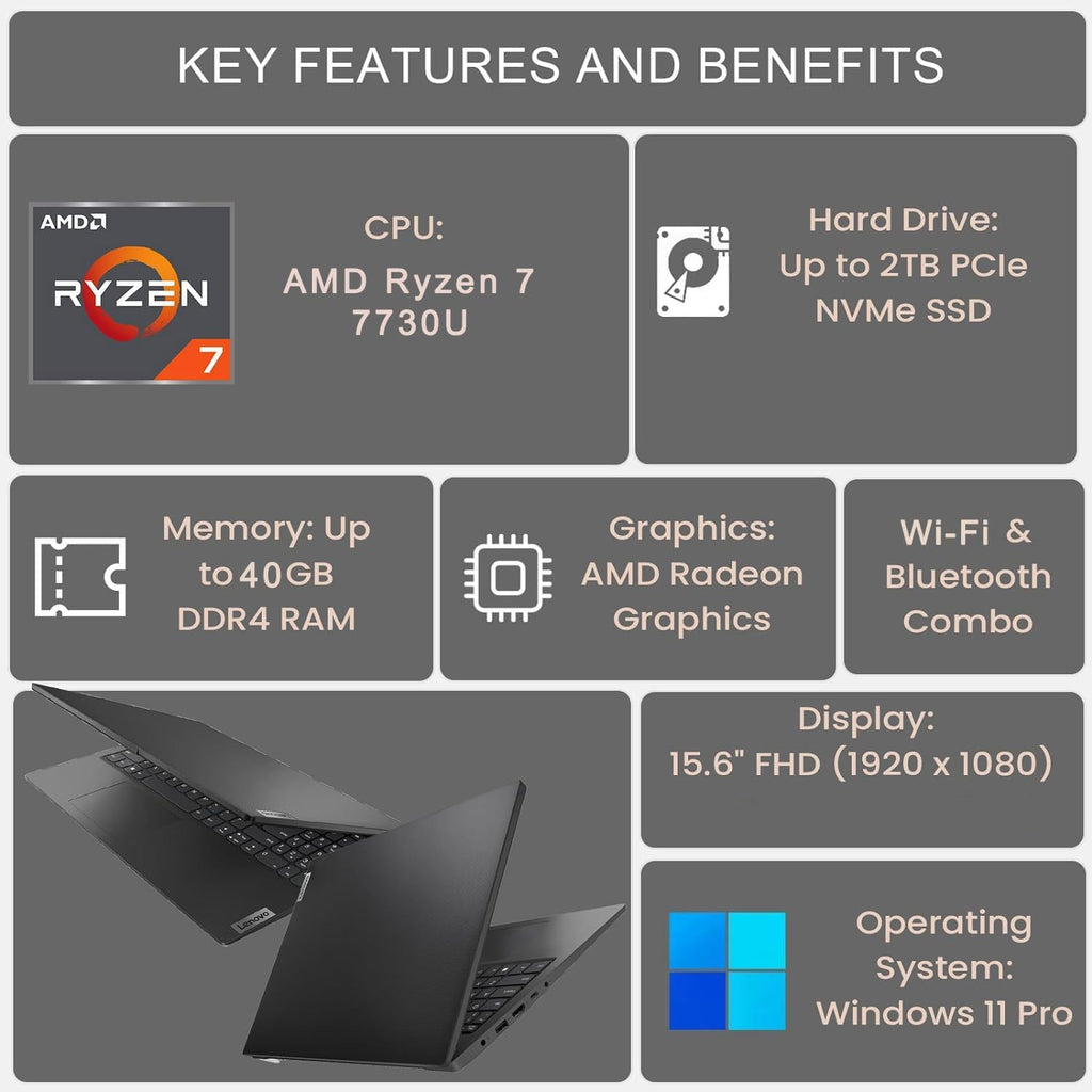 Lenovo V-Series V15 Business Laptop, 15.6' FHD Display, AMD Ryzen 7 7730U, 24GB RAM, 1TB SSD, Numeric Keypad, HDMI, RJ45, Webcam, Wi-Fi, Windows 11 Pro, Black