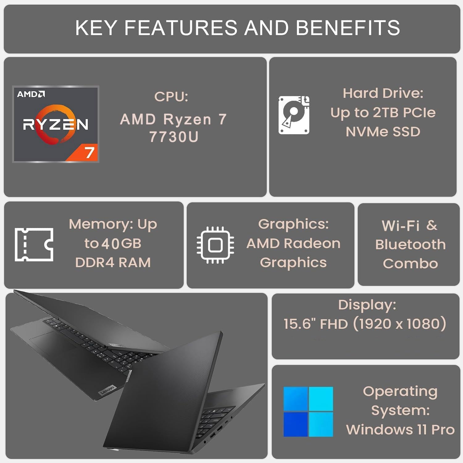 Lenovo V-Series V15 Business Laptop, 15.6' FHD Display, AMD Ryzen 7 7730U, 24GB RAM, 1TB SSD, Numeric Keypad, HDMI, RJ45, Webcam, Wi-Fi, Windows 11 Pro, Black