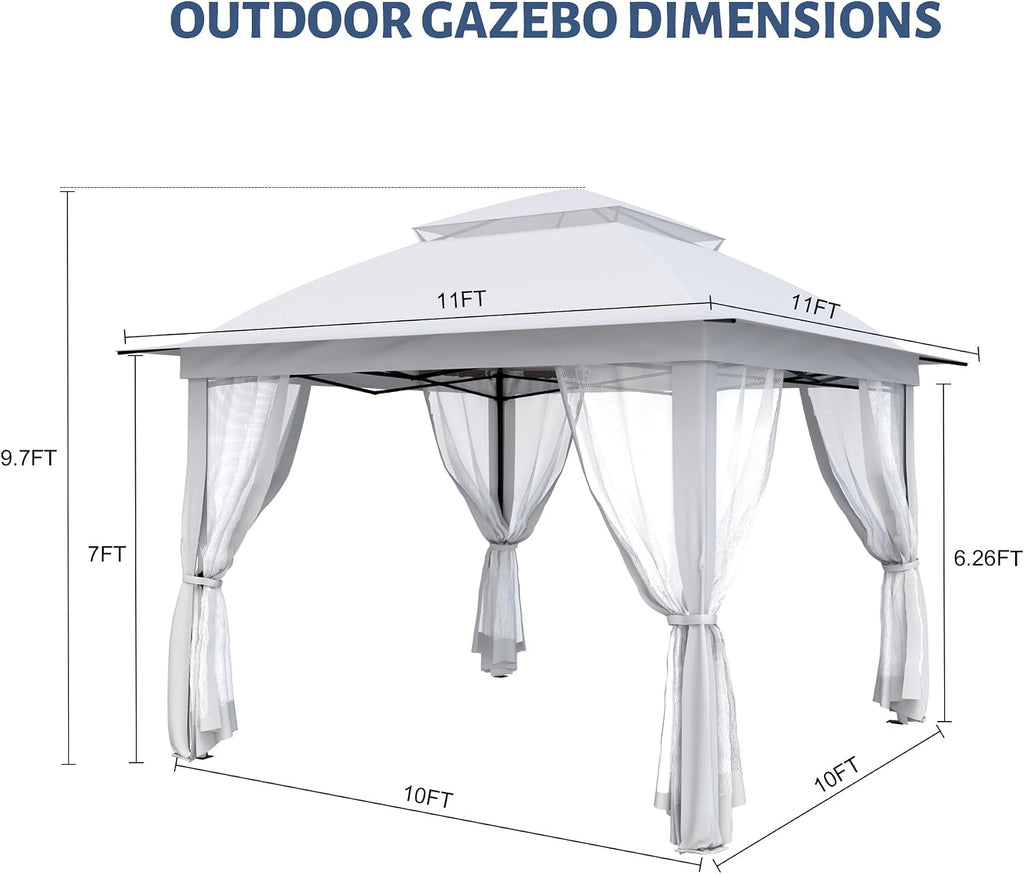 11'X11' Gazebo Pop Up with 4 Sidewalls Mosquito Netting, Heavy Duty Patio Gazebo Canopy Tent with Double Air Roofs for Backyards, Patios, Decks, Gardens, Parks