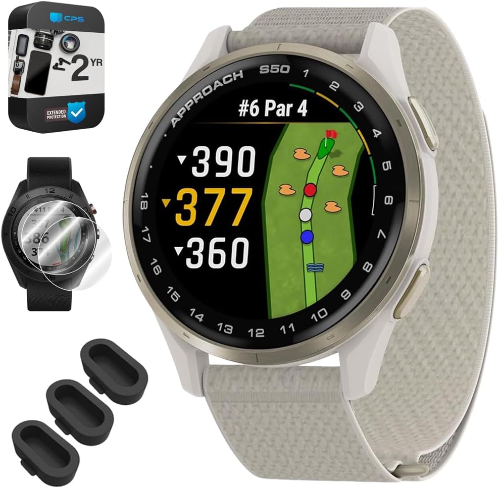 Garmin 010-03010-01 Approach S50, Advanced Golf GPS Smartwatch, AMOLED Display, On-Course Features Bundle with 3X Silicone Dust Cover, 2X 1.2 Screen Protector and 2 YR CPS Enhanced Protection Pack