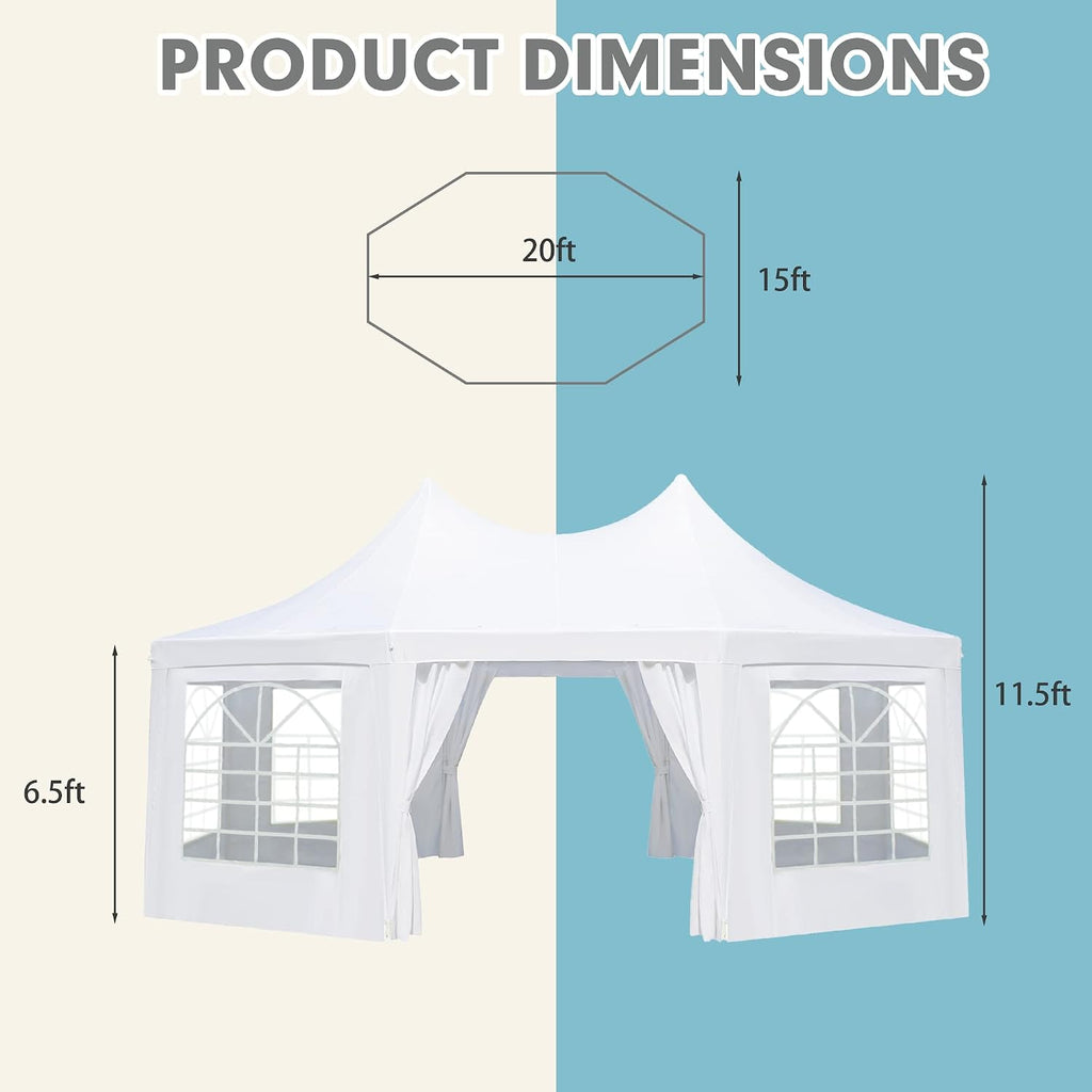 EROMMY 20'x15' Party Tent, White Wedding, Octagonal Heavy Duty Canopy with 6 Removable Sidewalls, 6 Church Windows and 2 Pull-Back Doors, Outdoor Gazebo Pavilion for Party, Wedding, Event