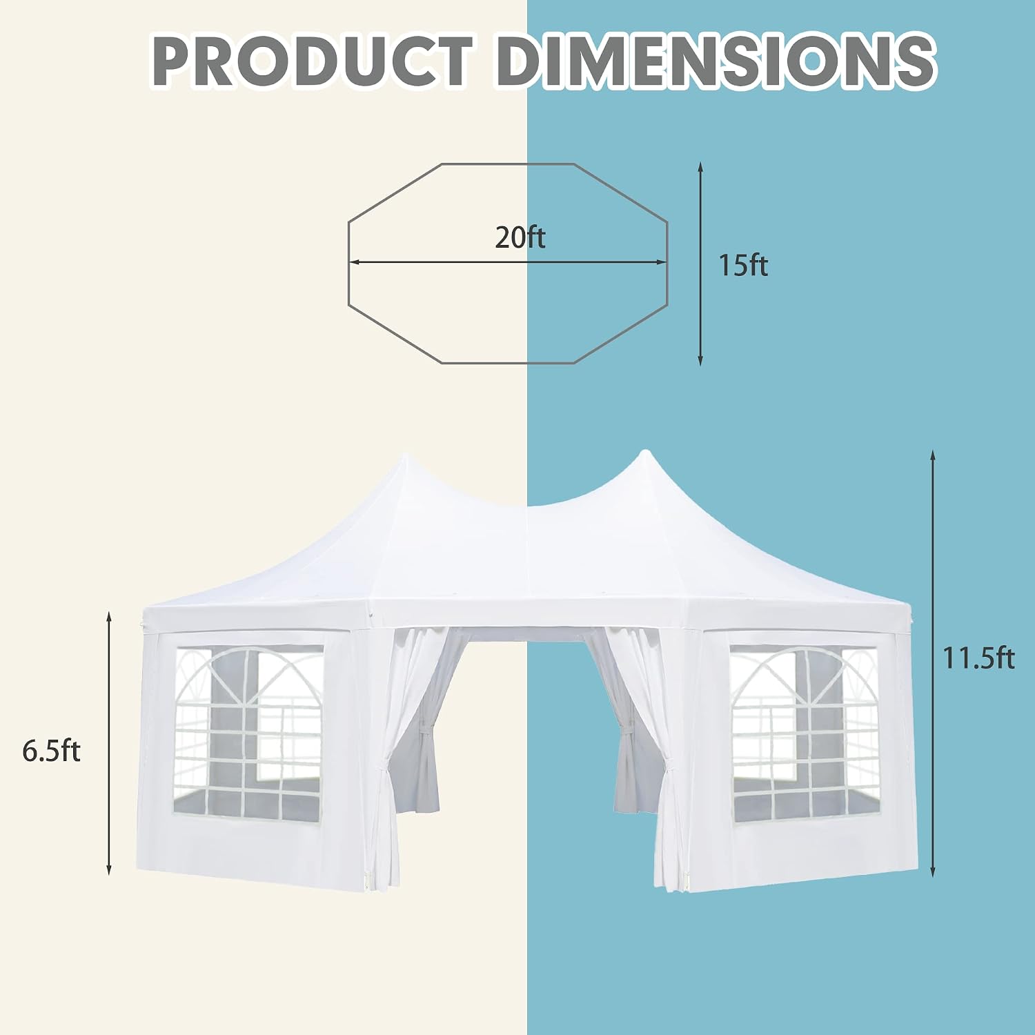 EROMMY 20'x15' Party Tent, White Wedding, Octagonal Heavy Duty Canopy with 6 Removable Sidewalls, 6 Church Windows and 2 Pull-Back Doors, Outdoor Gazebo Pavilion for Party, Wedding, Event