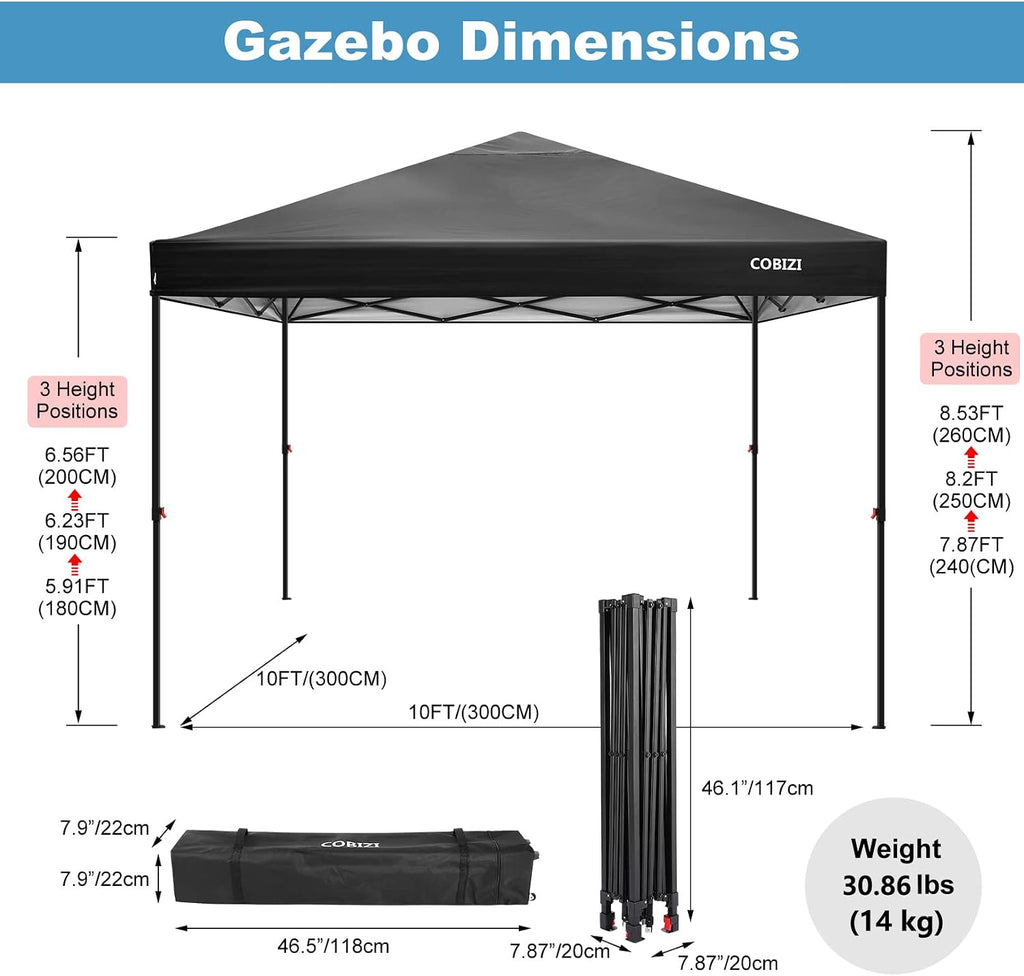 COBIZI 10x10ft Portable Pop Up Canopy Waterproof Gazebo One-Push Outdoor Canopy Party Tent Instant Shelter Sun Shade with Wheeled Carry Bag, Black