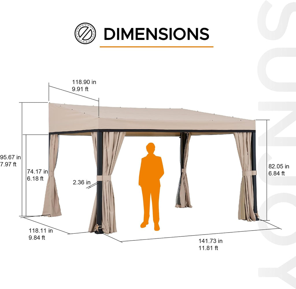 Sunjoy 10 x 12 ft Wall Mounted Gazebo with Weather Resistant Fabric Roof, Black Aluminum & Metal Frame Lean to Gazebo with Curtains and Netting