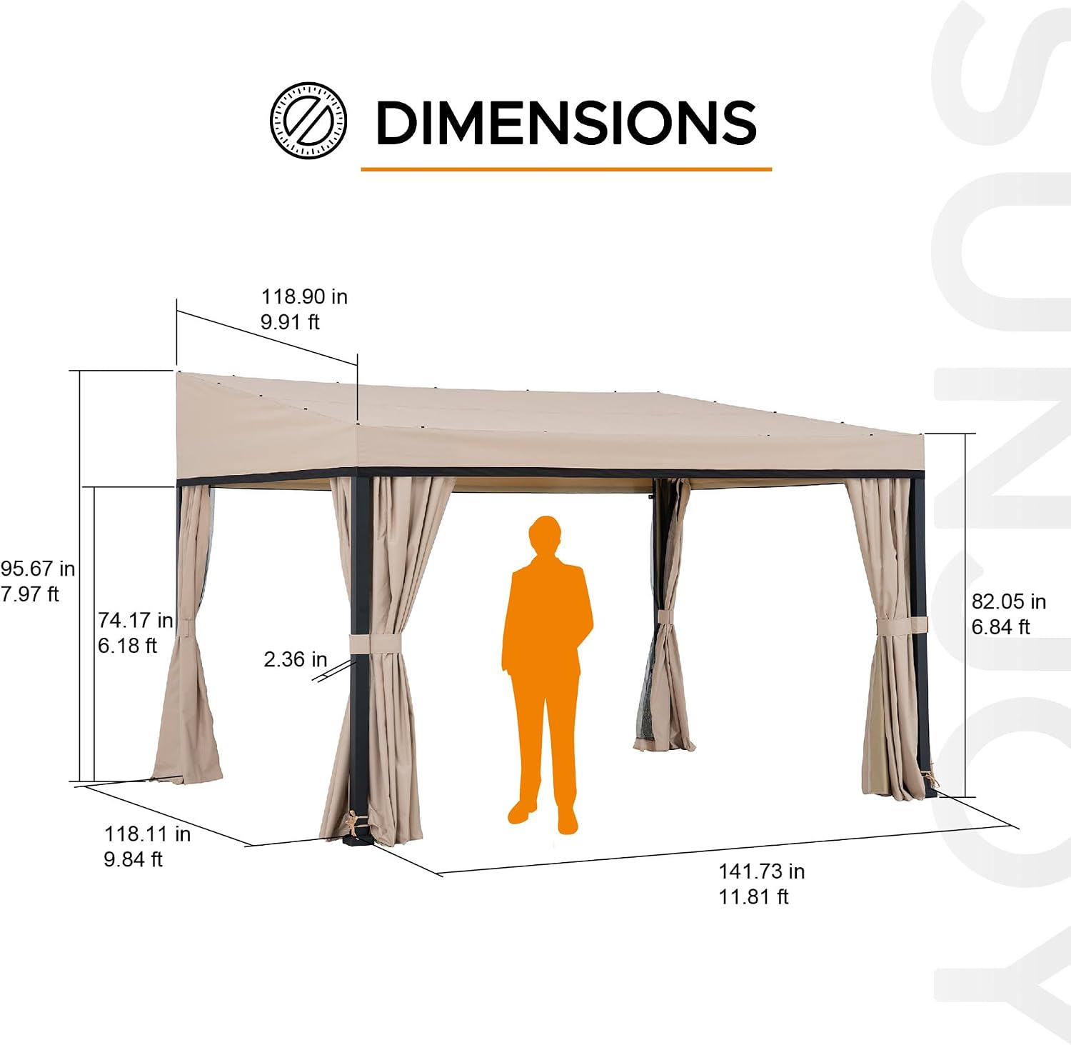 Sunjoy 10 x 12 ft Wall Mounted Gazebo with Weather Resistant Fabric Roof, Black Aluminum & Metal Frame Lean to Gazebo with Curtains and Netting