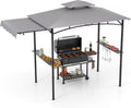 HAPPYGRILL Outdoor Grill Gazebo Canopy 11 x 5 FT, Barbecue Canopy with Double-Tiered Top, 2 Side Shelves, Hanging Hooks, Bottle Opener, Metal Frame, BBQ Grilling Shelter