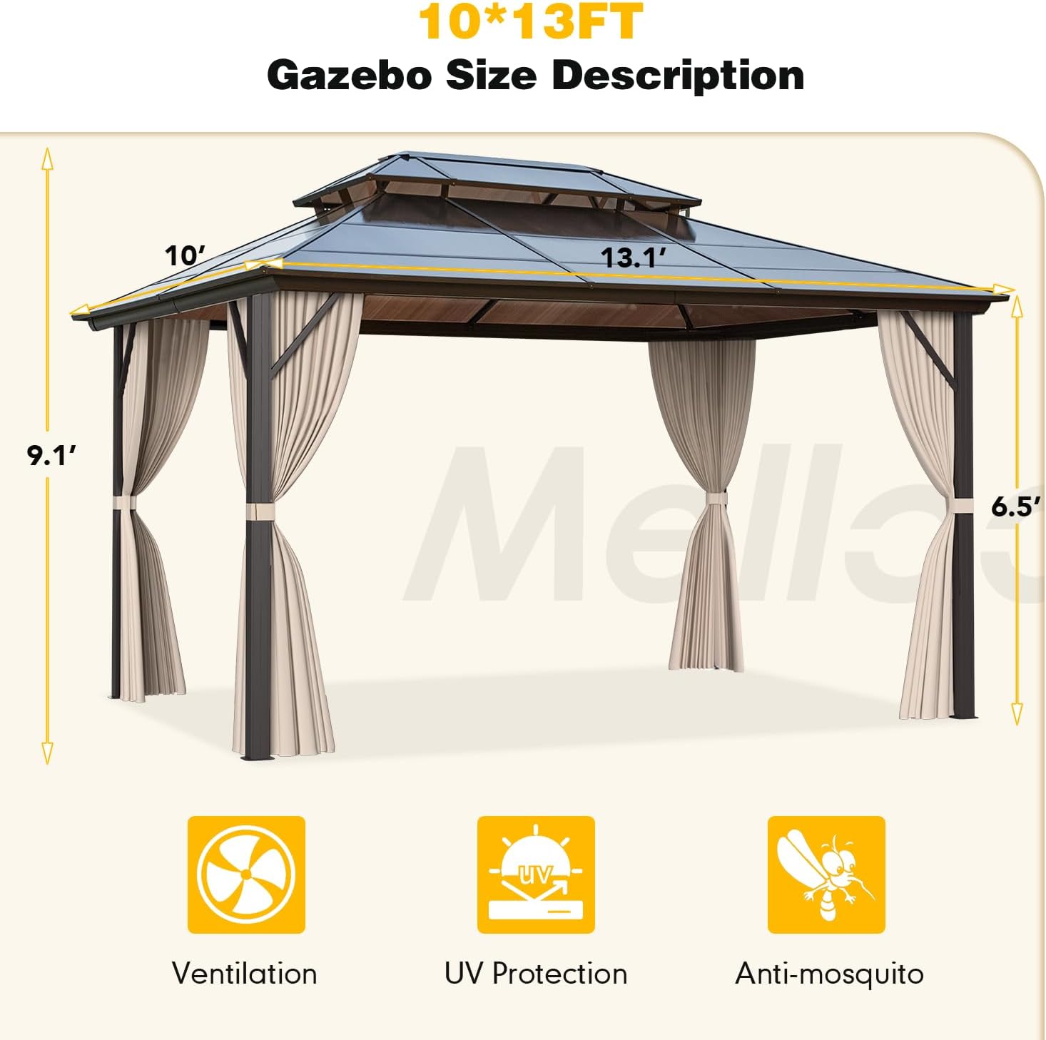 MELLCOM 10'x13' Hardtop Gazebo with Polycarbonate Double Roof, Aluminum Frame Outdoor Gazebo Permanent Pavilion with Curtains and Netting for Patio, Lawn & Garden