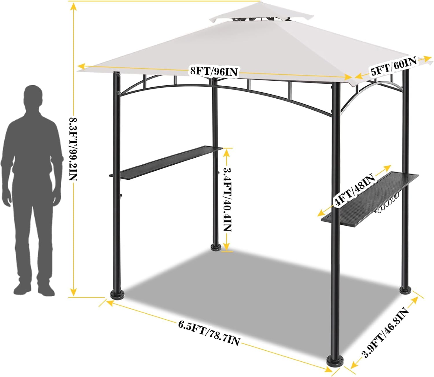 FAB BASED 5x8 Grill Gazebo, All-Weather Steel Construction, Double Tiered & Resistance Canopy Roof, Metal Serving Shelves, 2 LED and Bottle Opener for Patio, Backyard, BBQ (Light Gray)
