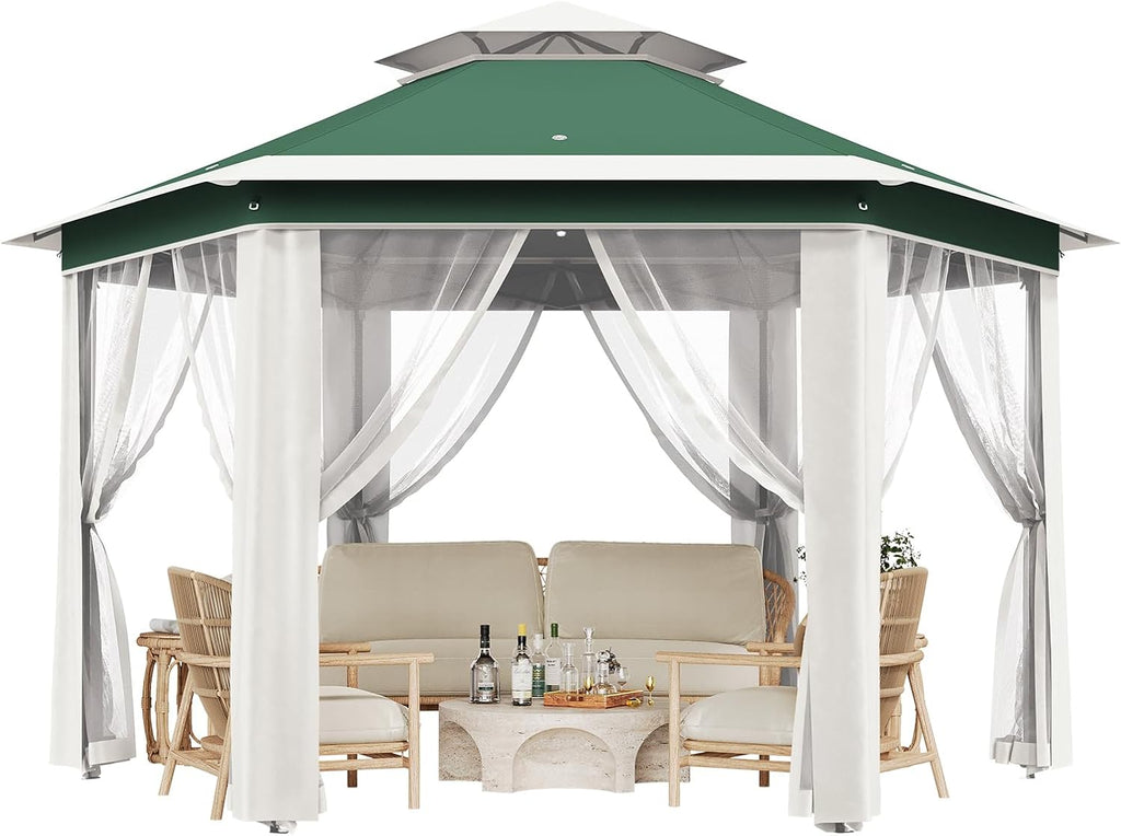 Pop-Up Gazebo 13 * 13 ft 6 Sided, Canopy Tent with Mesh Windows & Portable Carry Bag, Adjustable Tent Outdoor Pergola for Backyard & Patio Furniture (Green + Beige)