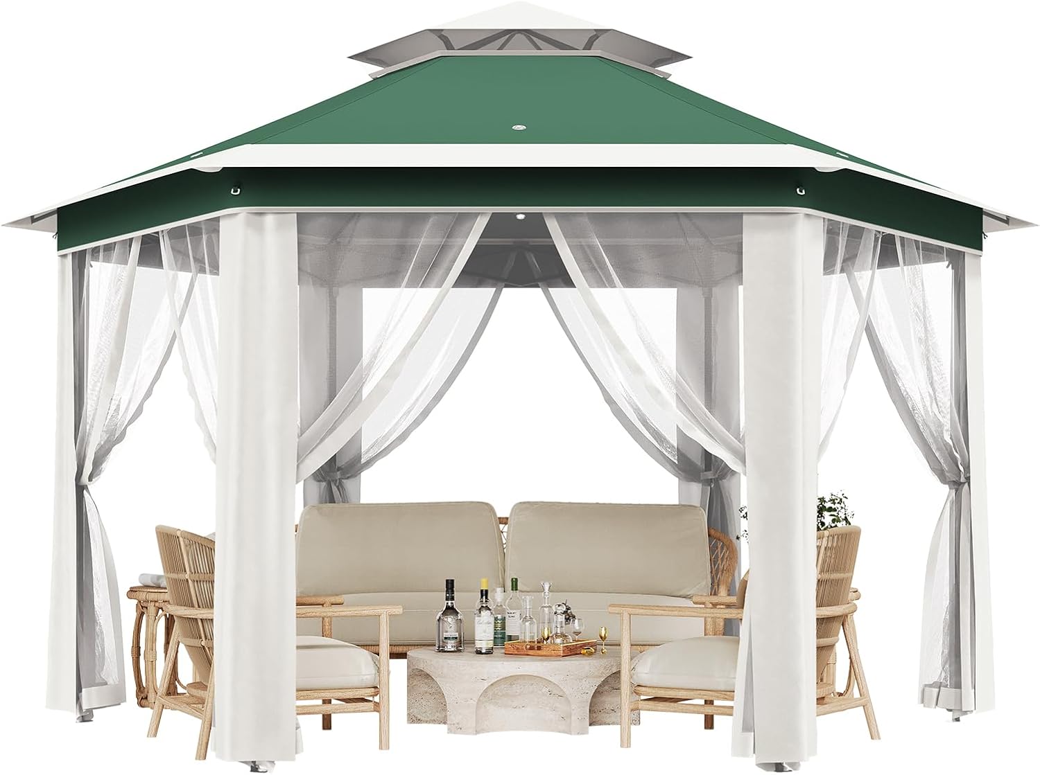 Pop-Up Gazebo 13 * 13 ft 6 Sided, Canopy Tent with Mesh Windows & Portable Carry Bag, Adjustable Tent Outdoor Pergola for Backyard & Patio Furniture (Green + Beige)