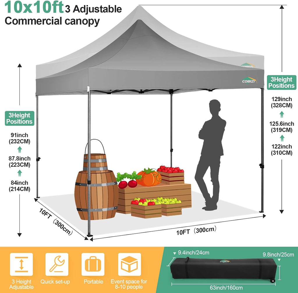 COBIZI 10x10 Pop Up Canopy with Sidewalls Heavy Duty Party Tent with Removable Awning Easy Up Outdoor Canopy Wedding, All Season Windproof&Waterproof with Roller Bag UPF 50+, Gray