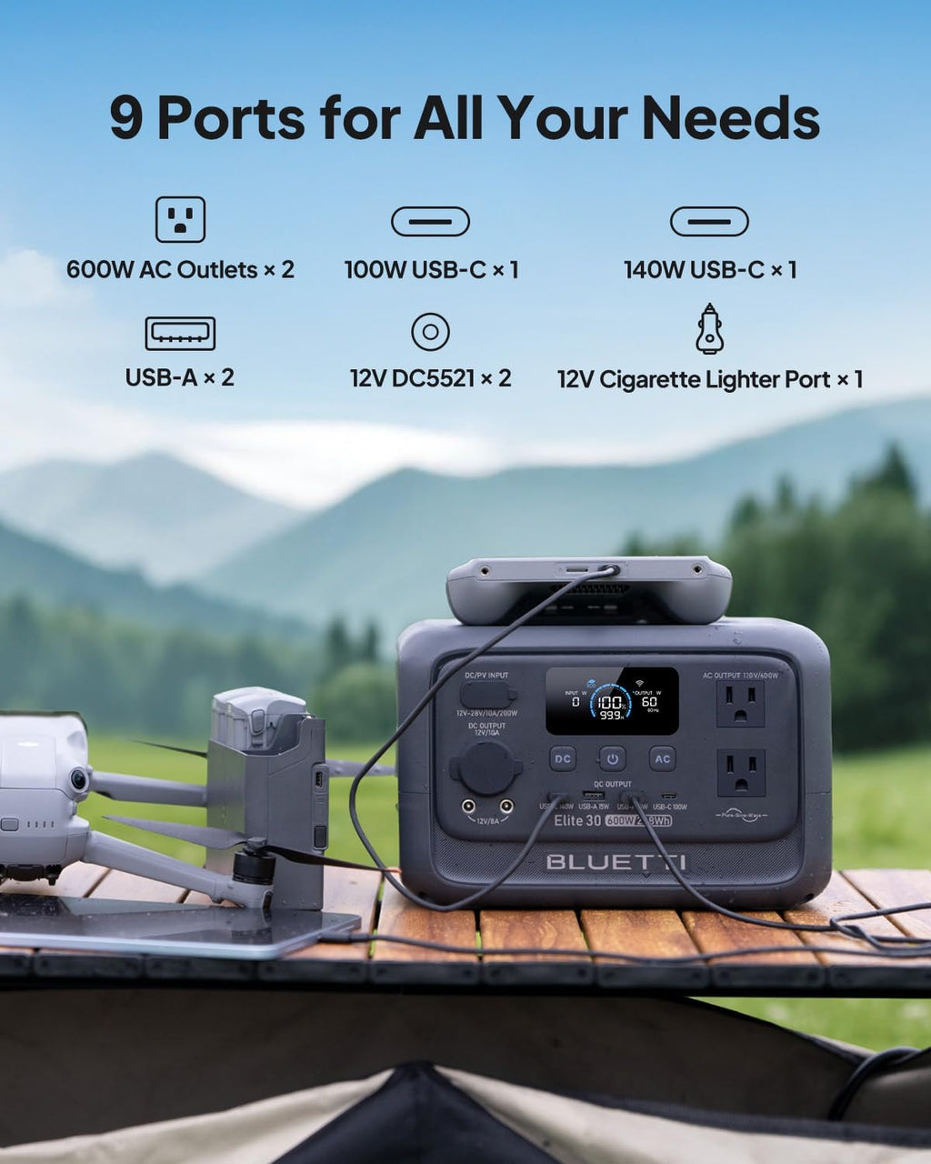 BLUETTI Solar Generator Elite 30 V2 with 60W Solar Panel (Ships Separately), 288Wh LiFePO4 Portable Power Station, 600W AC Outlets (1500W Power Lifting), for Camping, Home Use, Emergency