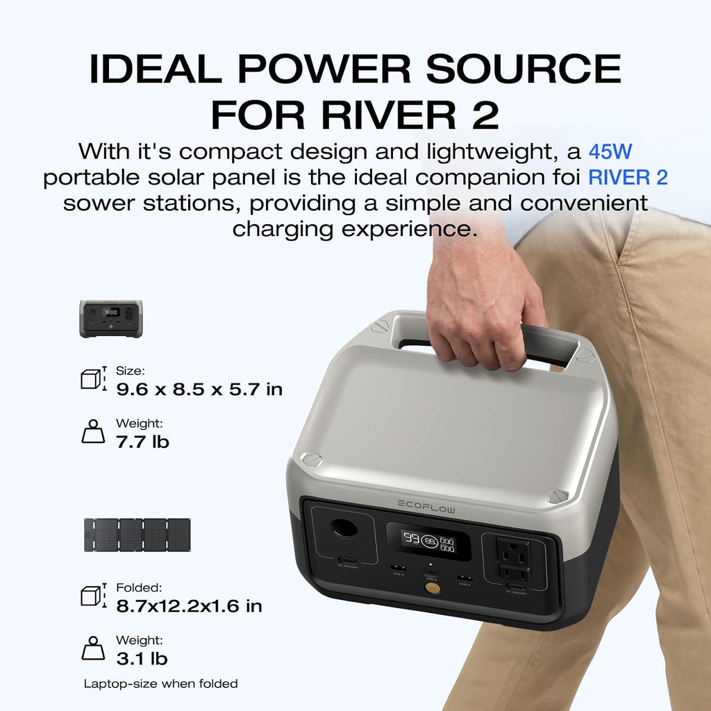 EF ECOFLOW Portable Power Station RIVER 2 with 45W Solar Panel, 256Wh LiFePO4 Battery/ 1 Hour Fast Charging, Up to 600W Output, Solar Generator for Outdoor Camping/RVs/Home Use