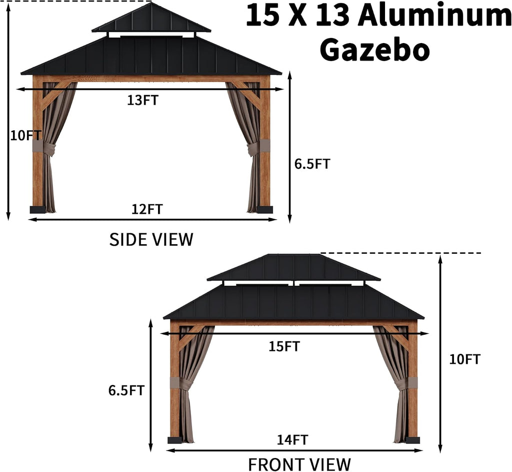 13' x 15' Double Hardtop Gazebo - Outdoor Thermal Transfer Wood-Looking Aluminum Gazebo with Double Hardtop, Privacy Curtains and Mosquito Nettings Included, for Patio, Garden, Backyard