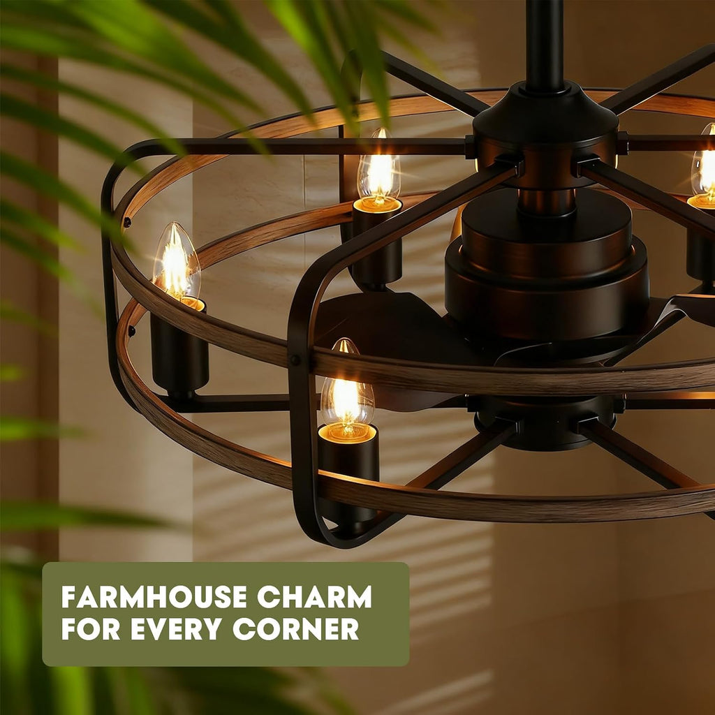 Industrial Caged Ceiling Fan with Lights, 25' Farmhouse Fandelier with Remote Control, 6-Speed Quiet Reversible Motor, E26 Base, Rustic Black and Wood Finish, No Bulbs Included