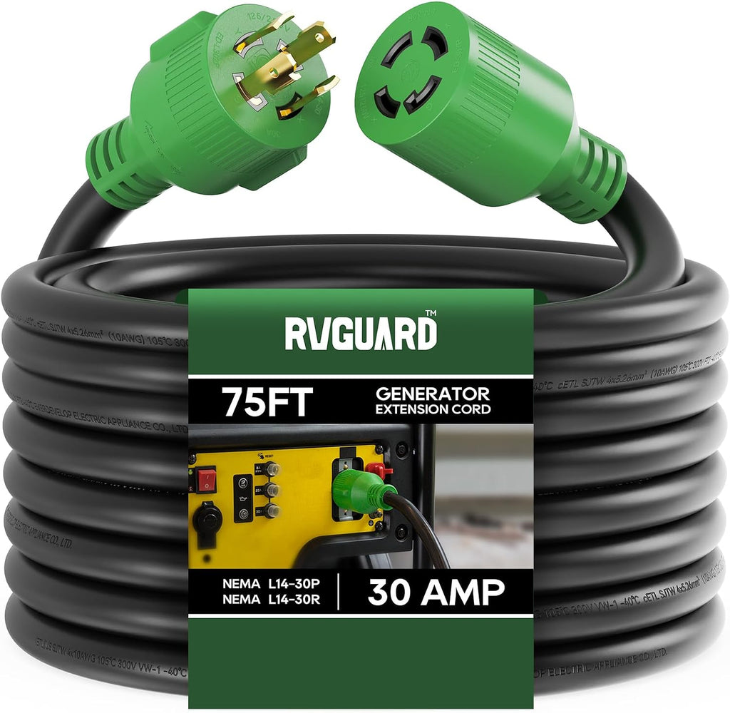 RVGUARD 4 Prong 30 Amp 75 Foot Generator Extension Cord, NEMA L14-30P/L14-30R, 125/250V Up to 7500W 10 Gauge SJTW Generator Cord with Cord Organizer, ETL Listed