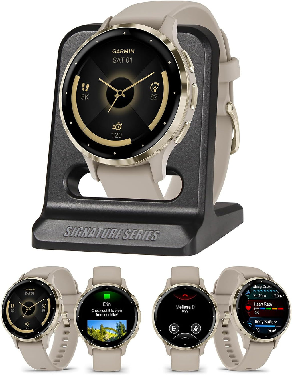 Garmin Venu 3S Running GPS Smartwatch with AMOLED Display, Advanced Health, Fitness Features, Up to 14 Day Battery Life with Signature Series Modern Power Stand | Gold with French Gray Silicone Band