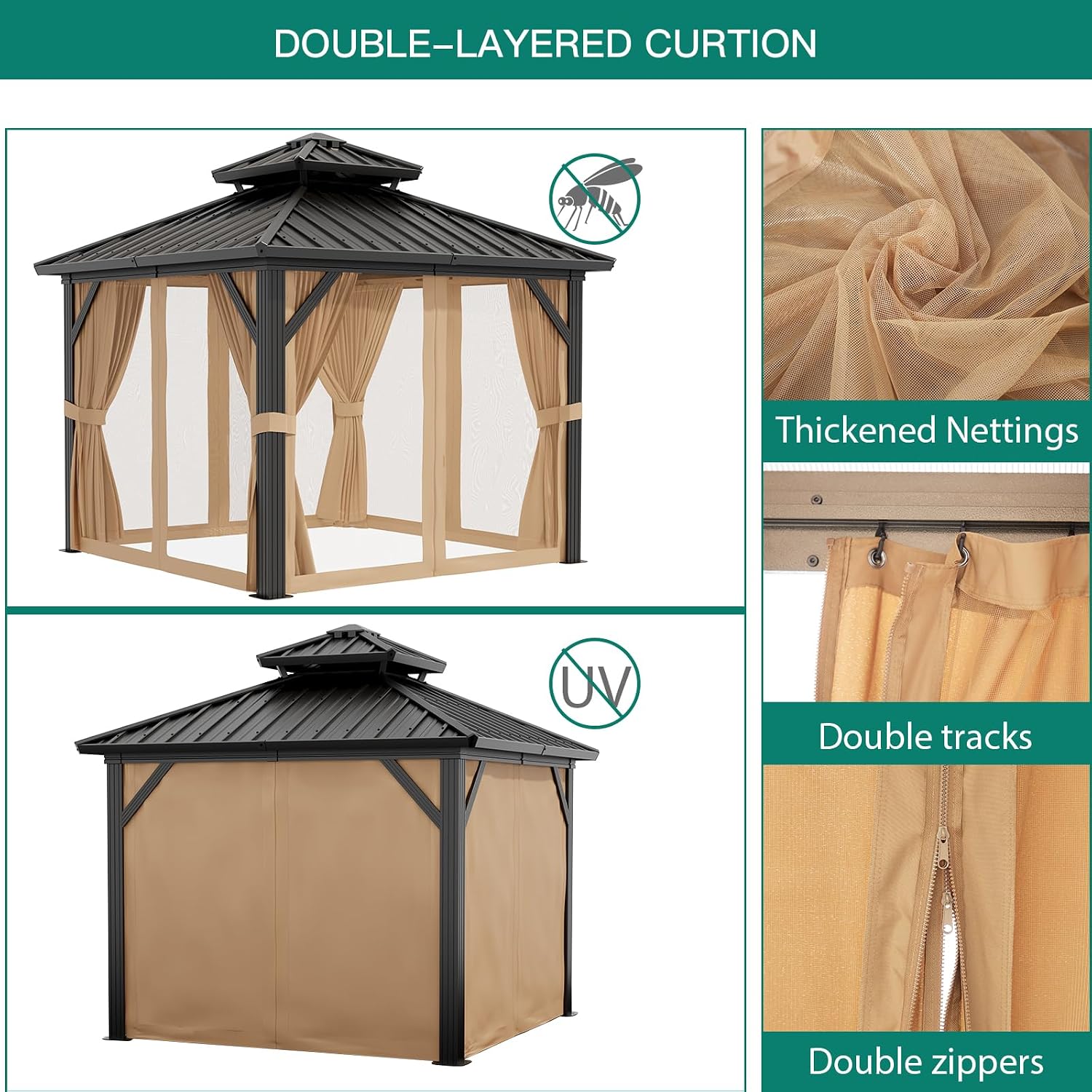 GarveeLife 10x10 ft Hardtop Gazebo, Aluminum Double Roof Gazebos with Netting and Curtains, Outdoor Permanent Gazebo for Garden, Patio, Backyard, Deck, Lawns (Brown, 10x10 ft)