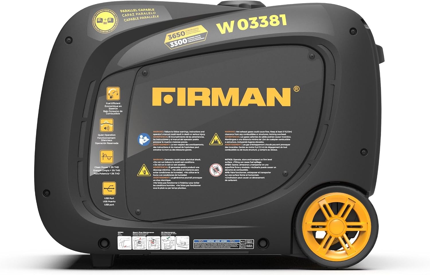 FIRMAN W03381 Gas Inverter Portable Generator 3650W Starting 3300W Running, Recoil Start, Quiet Clean Sine Wave Power, RV Ready 120V, Compact Design for Home, Backup, Camping, Tailgating, Outdoor