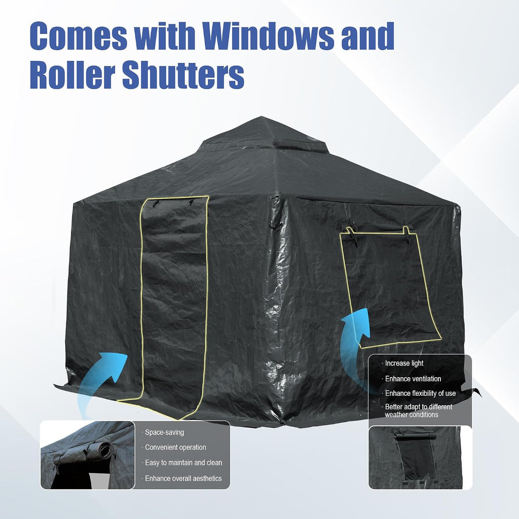 Domi 8'x8' Universal Winter Gazebo Cover - All Season Waterproof Enclosed Cover with Sidewalls and Mesh Windows, Gray