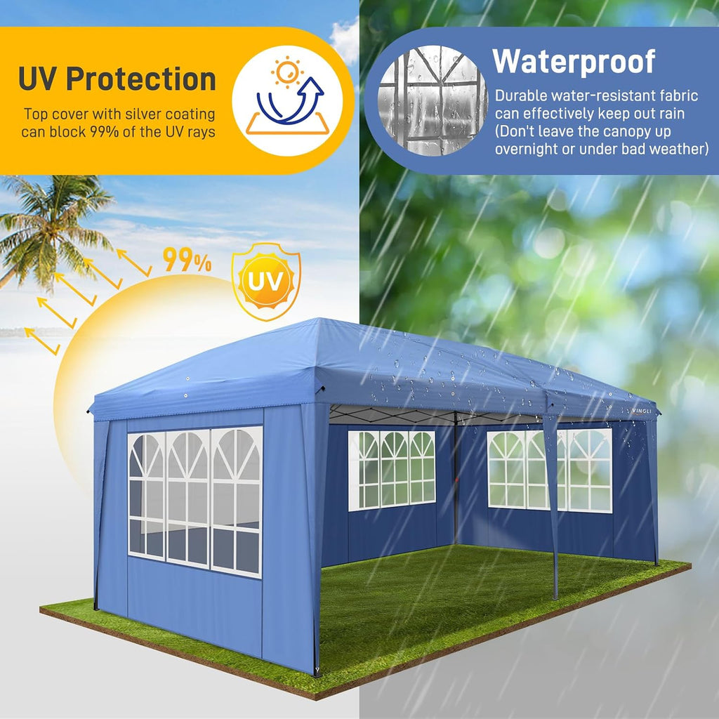 VINGLI 10x20 Pop Up Canopy Tent with Sidewalls, Outdoor Gazebo Canopy Tent, Patio Event Tents Outdoor Event Shelter for Parties (Blue)