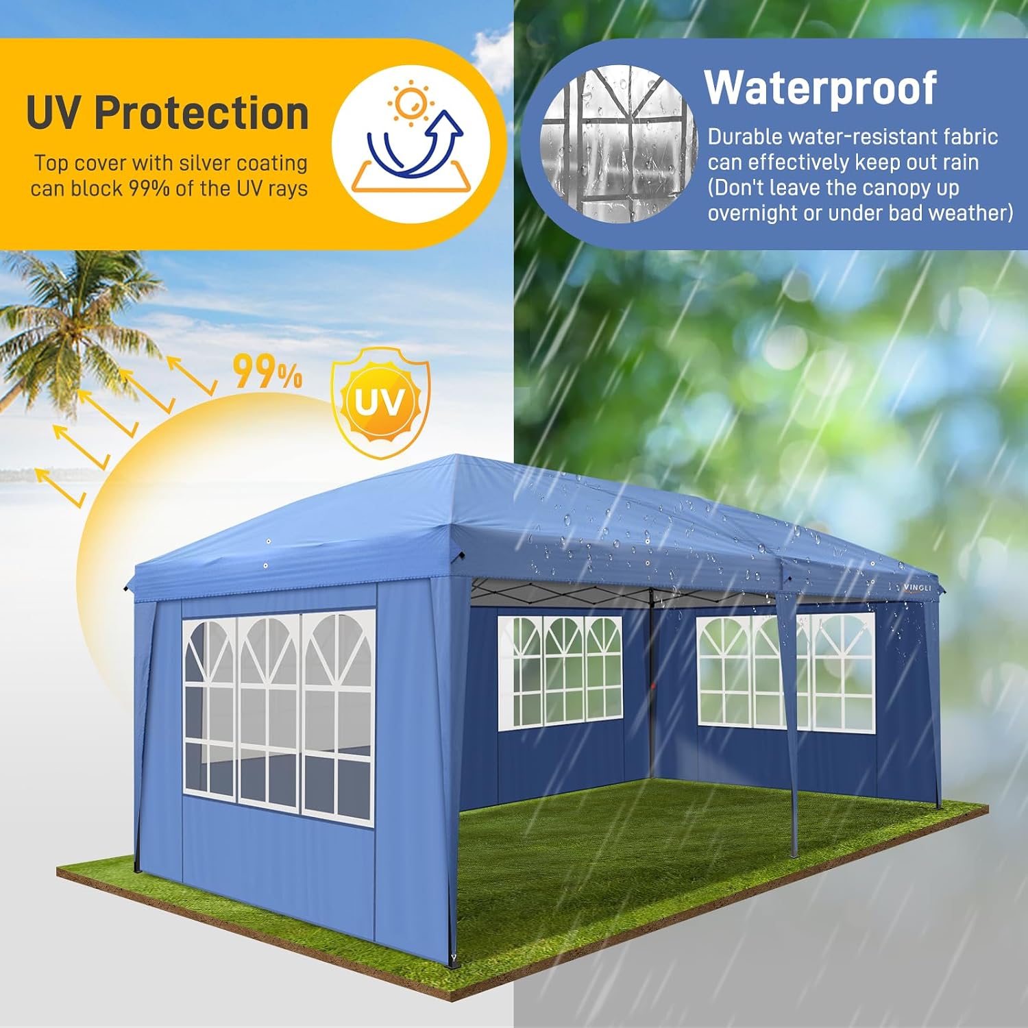 VINGLI 10x20 ft Pop Up Canopy Tent with 6 Sidewalls, Outdoor Gazebo 10x20 with Carry Bag, Patio Event Tent Commercial Canopy(Blue)