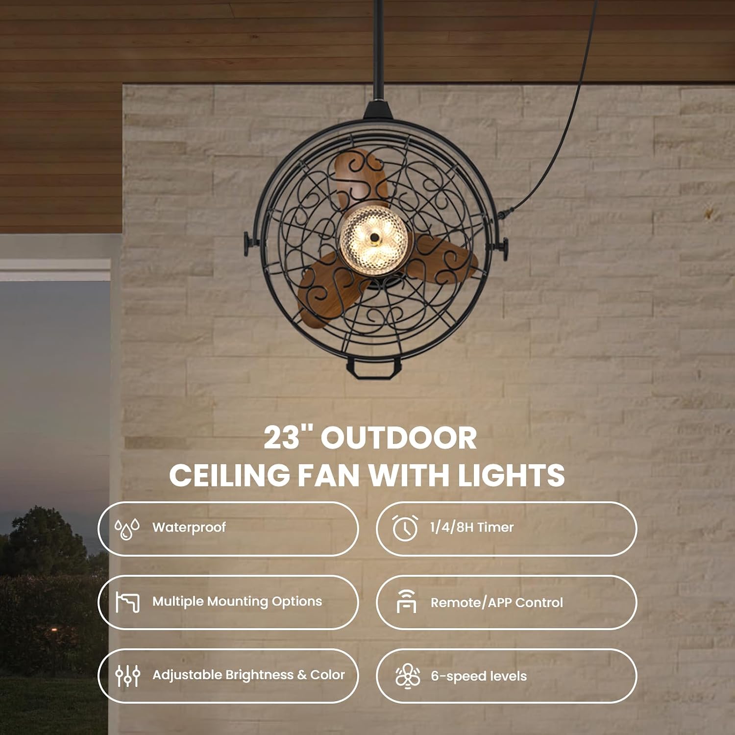 23'' Outdoor Ceiling Fans with Lights, Gazebo Fan Wet Rated Remote&APP Control, Dimmable Hanging Fan with Plug in Cord for Patio Pergola