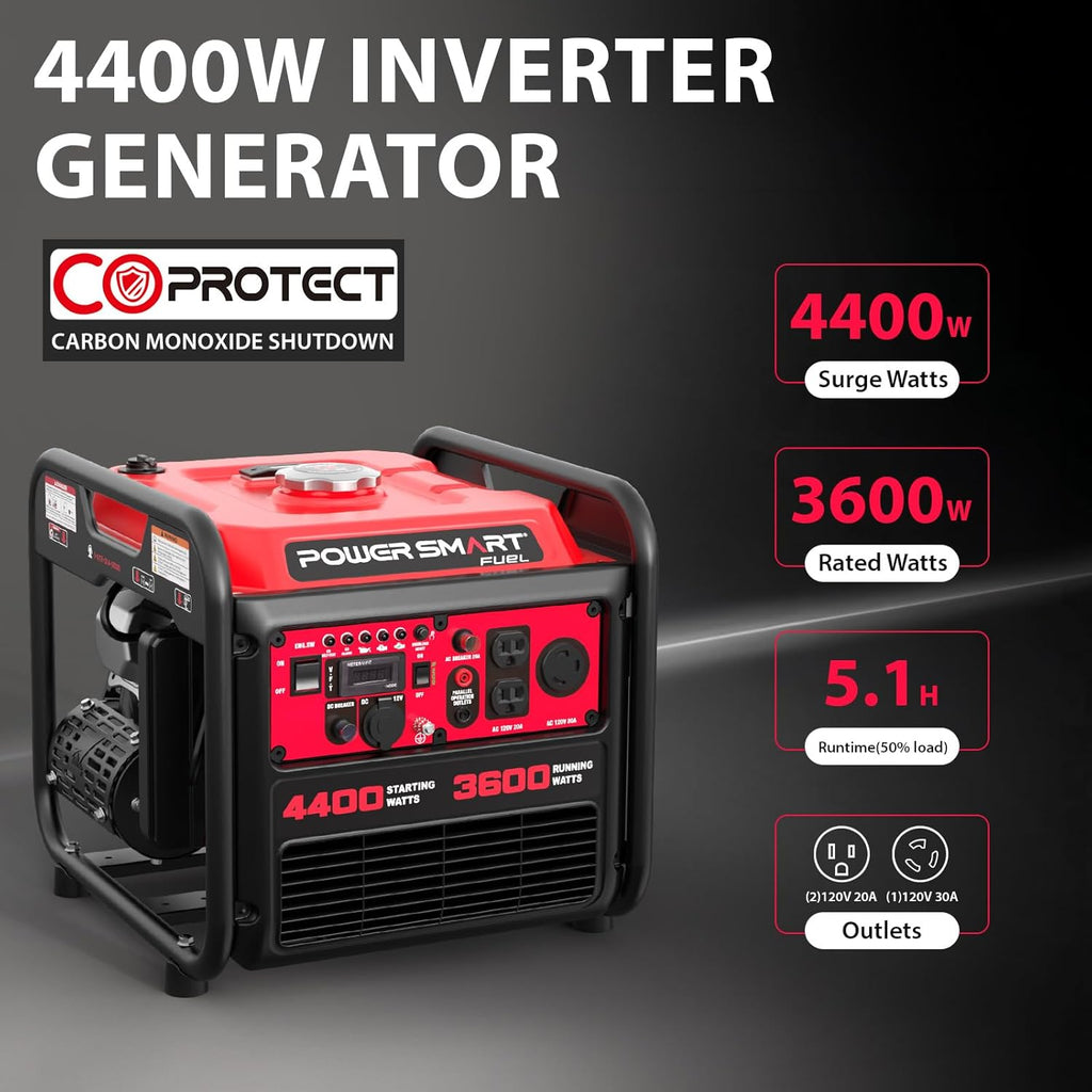 PowerSmart 4400-Watt Portable Inverter Generator, Gas Powered, CO-Sensor, Lightweight & Quiet for Home Use and Emergency Backup, Camping, EPA Compliant