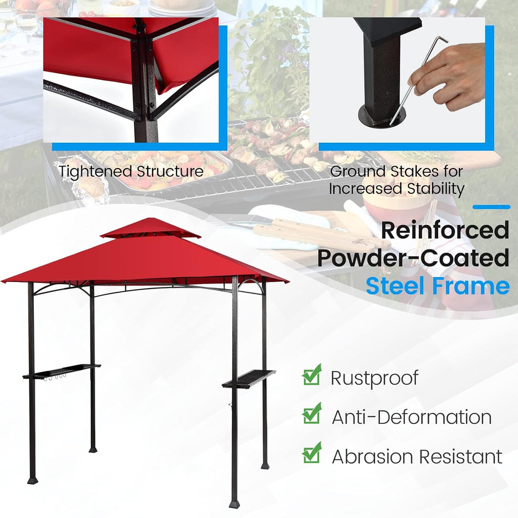 Giantex Grill Gazebo, 8ft x 5ft Grill Station with Canopy, Heavy Duty Steel Frame, 2 Side Shelves, 5 Hooks, 8 Ground Stakes, Outdoor Grill Shelter Barbecue Tent for Backyard Patio Camping (Burgundy)