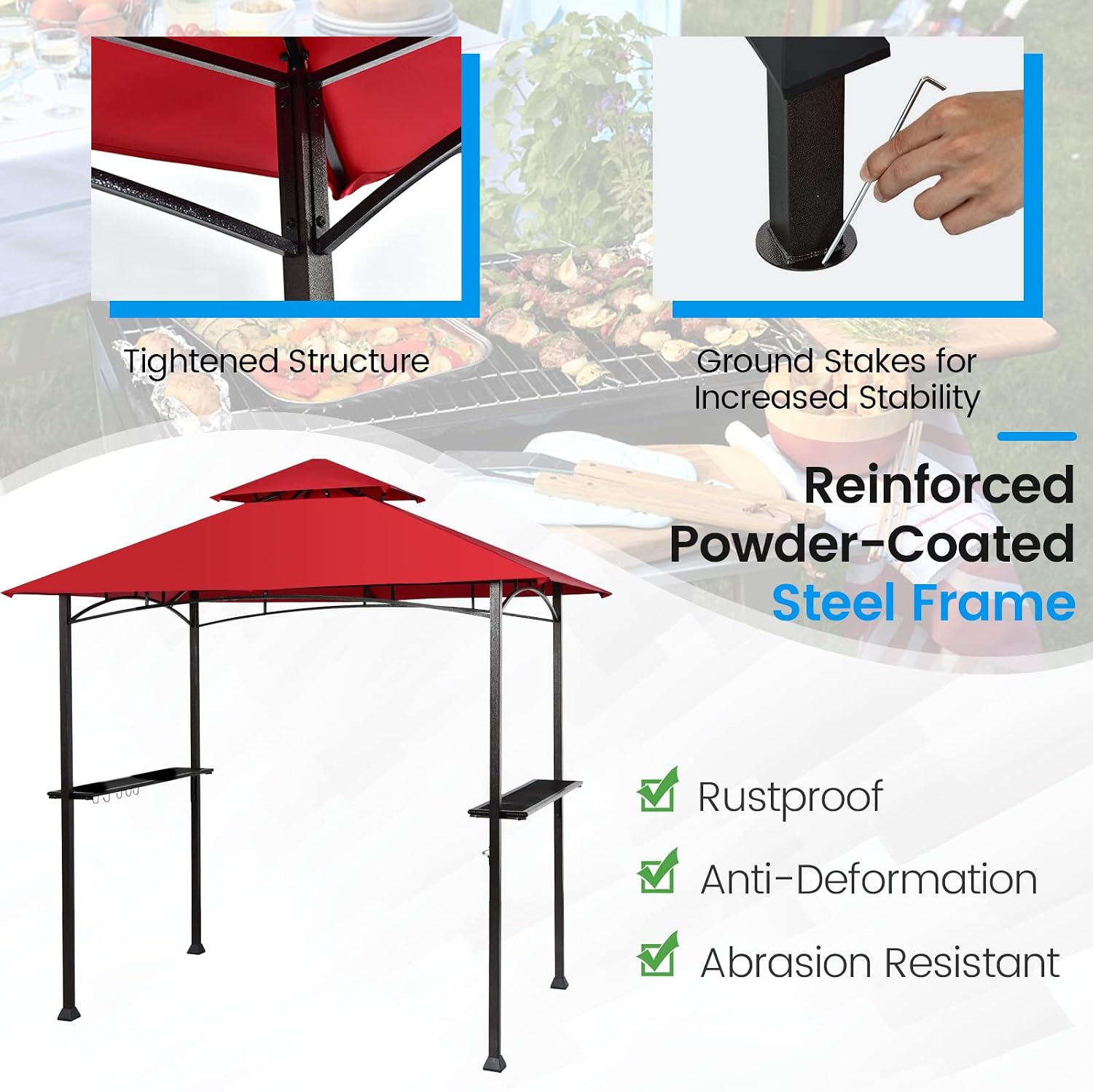Giantex Grill Gazebo, 8ft x 5ft Grill Station with Canopy, Heavy Duty Steel Frame, 2 Side Shelves, 5 Hooks, 8 Ground Stakes, Outdoor Grill Shelter Barbecue Tent for Backyard Patio Camping (Burgundy)