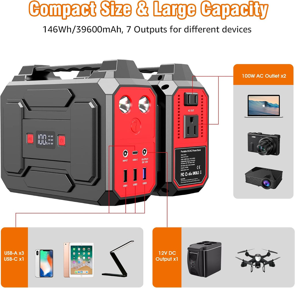 Apowking 146Wh Portable Power Bank with AC Outlet & 40W Foldable Solar Panel, Portable Laptop Charger 110V/100W with USB & DC Output for Camping, Home Emergency, Traveling, RV Trip