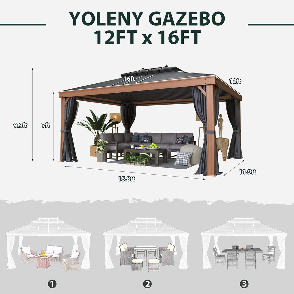 YOLENY 12'x16' Hardtop Gazebo, Galvanized Steel Double Roof with Wood-Looking Aluminum Frame, Outdoor Permanent Metal Pavilion with Curtains and Nettings for Patio, Backyard and Deck