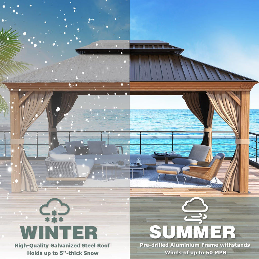 MELLCOM 12' x 14' Hardtop Gazebo, Wooden Finish Coated Aluminum Frame Gazebo with Galvanized Steel Double Roof, Outdoor Permanent Metal Pavilion with Curtains and Nettings for Patio, Lawn & Garden