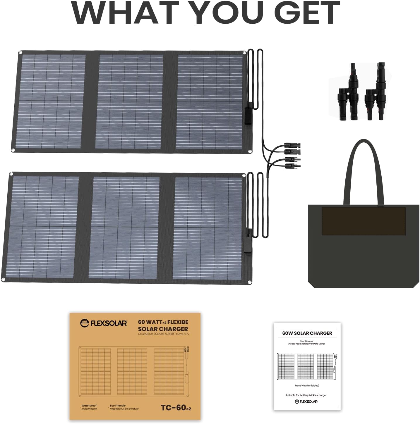 FlexSolar 120W (2-Pack 60W) N-Type Solar Panel, 25% High Efficiency, IP67 Waterproof, Half-Cut Cell, Lightweight Parallel Charger for RV, Camping, Off-Grid & Portable Power Station