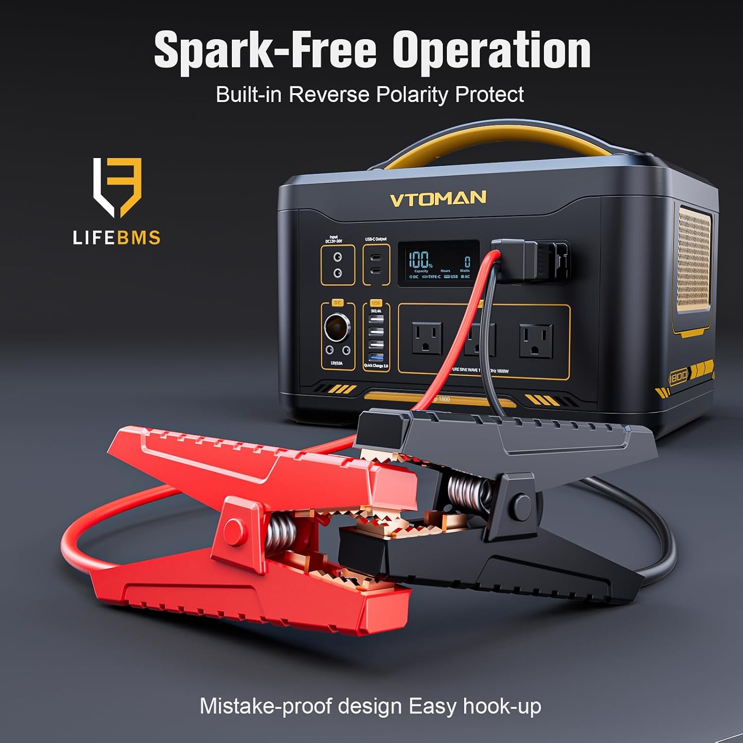 VTOMAN Jump 1800 Portable Power Station &12V Car Jump Starter, 1548Wh LiFePO4 Battery Solar Generator with Jumper Cable, 1800W 3xAC Outlets, 2xPD 100W for Camping Roadside Rescue